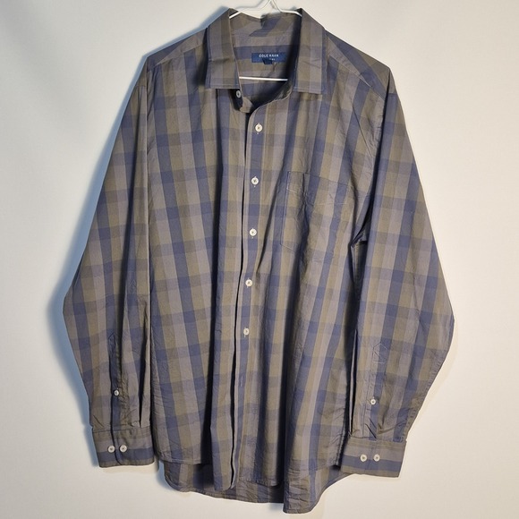 Cole Haan Other - Cole Haan Men L Button Down Blue Gray Plaid Check Long Sleeve Cotton Blend